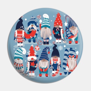 Let it gnome // spot // blue background little Santa's helpers preparing for Christmas neon red classic oxford and pastel blue dressed gnomes Pin