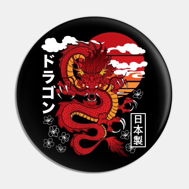 Japanese Red Dragon Asian Tattoo Inspired Retro 80s Style Pin by DetourShirts