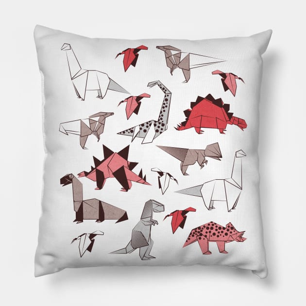 Origami dino friends // print // red white and beige dinosaurs Pillow by SelmaCardoso