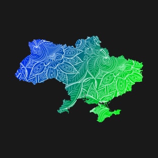 Colorful mandala art map of Ukraine with text in blue and green T-Shirt