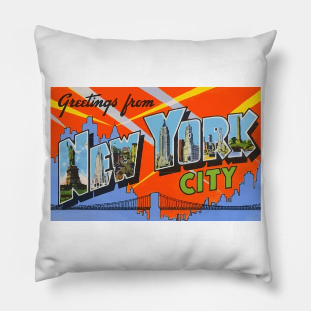 Greetings from New York City - Vintage Large Letter Postcard Pillow by Naves