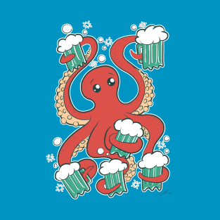 Happy Octopus Drinking Beers by IAMO T-Shirt