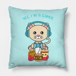 Yes i am a gamer, cute cat playing Pillow