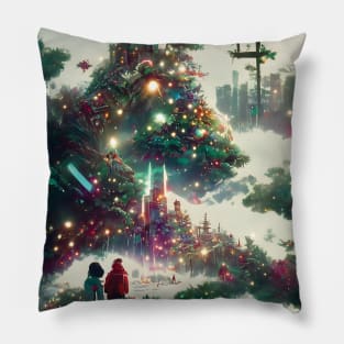 Magical Green Christmas Trees in the Woods Japanese Christmas Season Warm Wishes Pillow