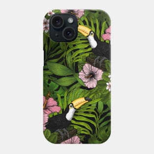 Toucans amd tropical flora, green and pink Phone Case