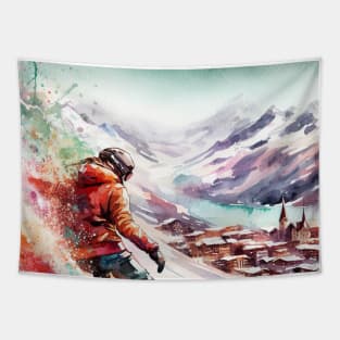 Artistic illustration of a snowboarder Tapestry