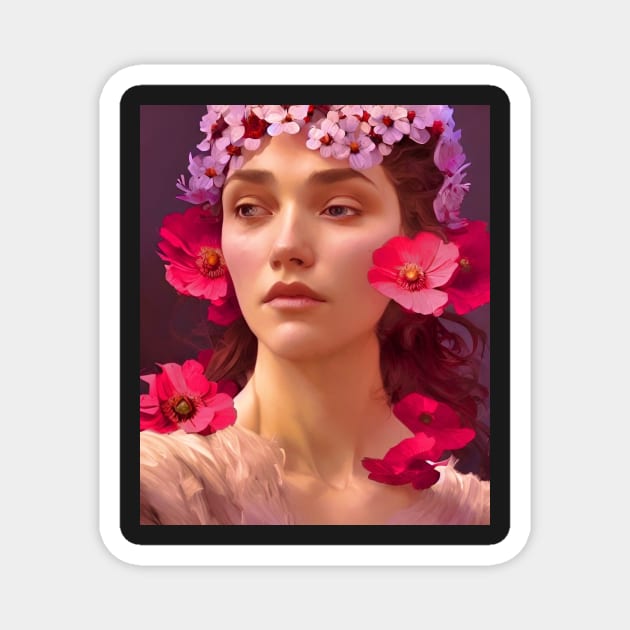 Sad Flower Girl - Portrait Young Woman Adorned with Flowers Magnet by BubbleMench