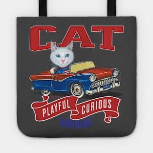 Humor funny white kitty cat driving a vintage classic car to a retro parade with red white and blue flags Tote