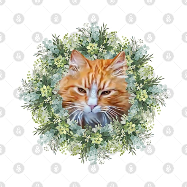 Handsome Orange Tomcat with Leafy Flower Background, Digital Cat Painting by Cartoon Cosmos