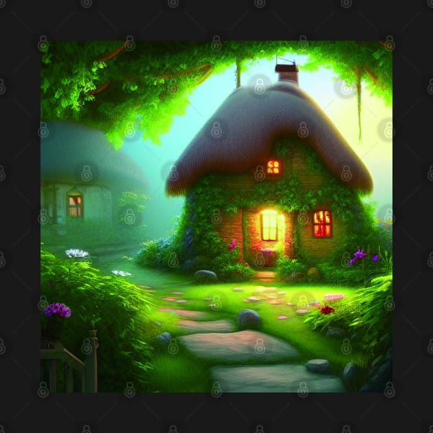 Fantasy Green House In a Greenery Scene, Fantasy Cottagecore artwork by Promen Art