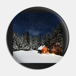 Winter Cozy Cabin in Snow Pine Trees Mountain Peaceful Landscape Art Pin