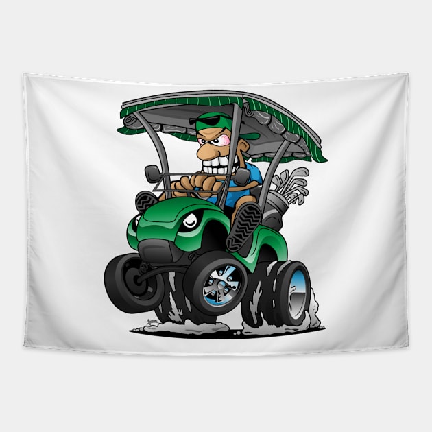 Funny Golf Cart Hotrod Golf Car Popping a Wheelie Cartoon Tapestry by hobrath