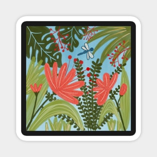 Jungle flowers with blue dragonfly Magnet