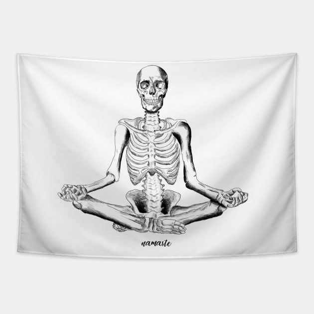 Namaste Skeleton Yoga Tapestry by deadlydelicatedesigns