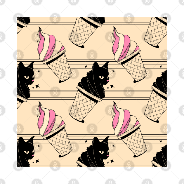 Ice Cream Black Cat Pattern in beige by The Charcoal Cat Co.