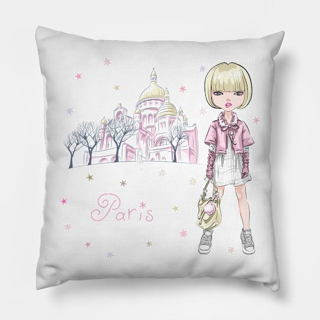 Beautiful girl in winter clothes in Paris Pillow by kavalenkava