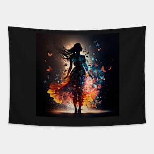 Silhouette of a woman bursting into butterflies Tapestry