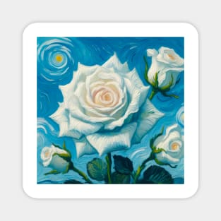 White Rose Painting Blue Background Van Gogh Style Painting Digital Art Magnet