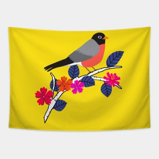 Robin on a floral birch tree Tapestry