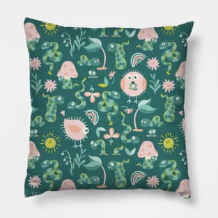 Cute Little Green Worms and Pink Birds in Outdoor Nature Pillow