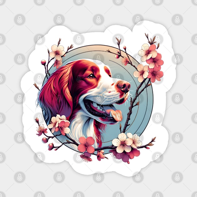 Joyful Irish Red and White Setter Amidst Spring Cherry Blossoms Magnet by ArtRUs