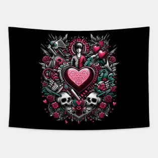 Gothic Romance: A Heart of Skulls and Roses Tapestry