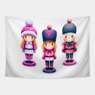 Offset Colorful Trio of Christmas Nutcracker Dolls - Pink, Purple, and White Tapestry