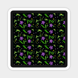 Gouache Purple and Yellow Flower Pattern with a black background Magnet