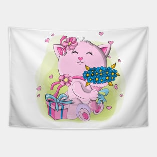 Cute embarrassed kitten with a bouquet of flowers Tapestry