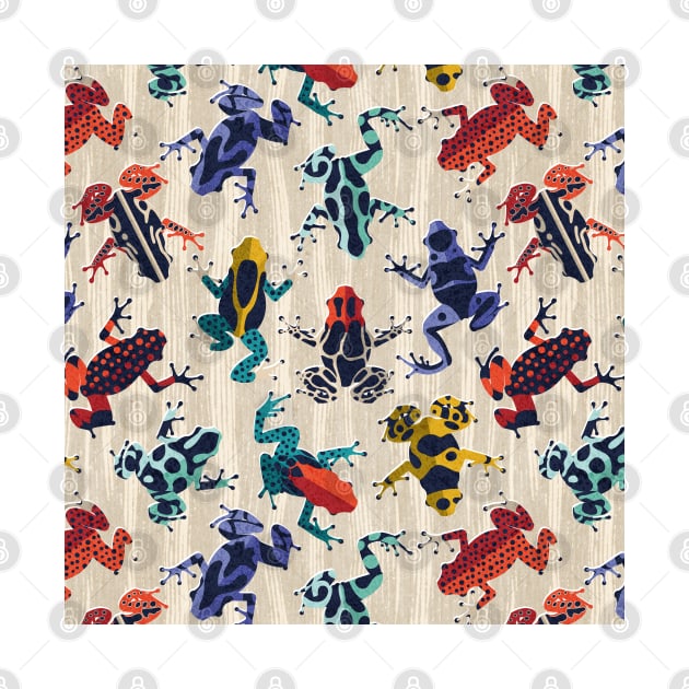 Quirky dart frogs dance // pattern // ivory textured background brightly multicoloured poison amphibians by SelmaCardoso