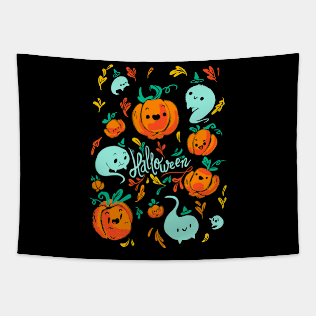 Pumpkins and Ghosts - Halloween Design Tapestry by TheTeenosaur