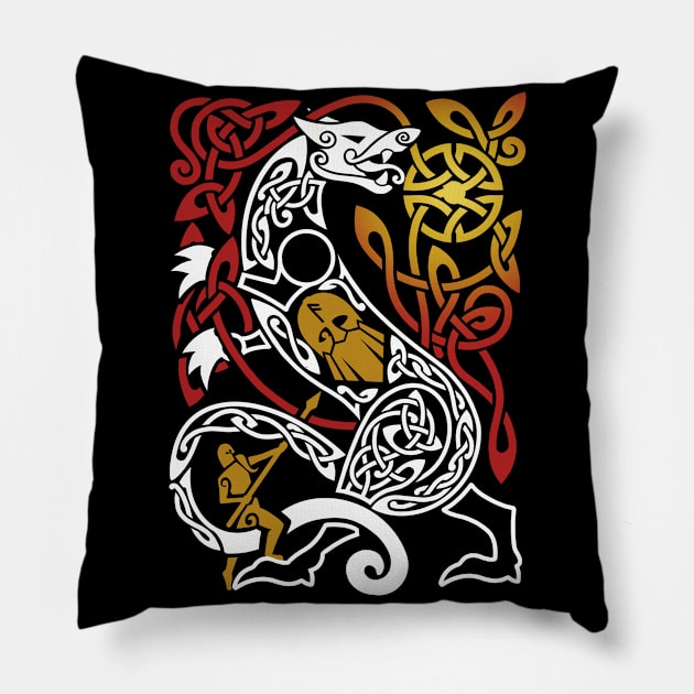 Fenrir at Ragnarok Norse Mythology Design Pillow by Art of Arklin