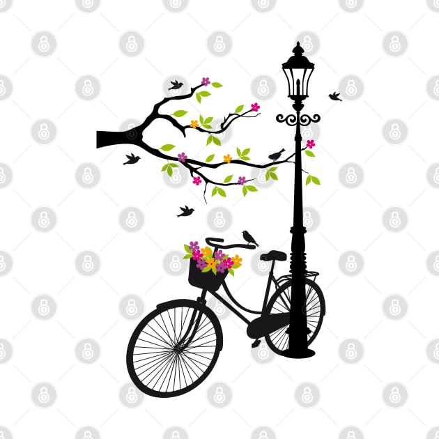 Old bicycle with lamp, flower basket, birds, tree by beakraus