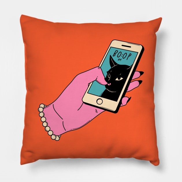 Boop Nose Black Cat in orange Pillow by The Charcoal Cat Co.