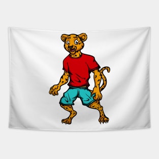 Cute Anthropomorphic Human-like Cartoon Character Leopard in Clothes Tapestry