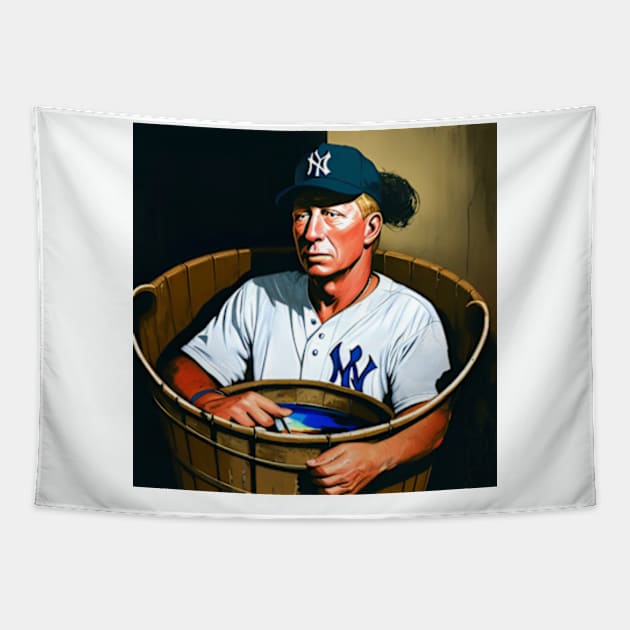 Mickey Mantle Sitting In A Wooden Bucket Tapestry by Uncle Jennifer’s Clothes Fridge