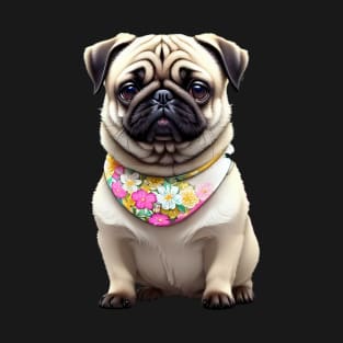 Charming Pug Puppy in Floral Bib T-Shirt