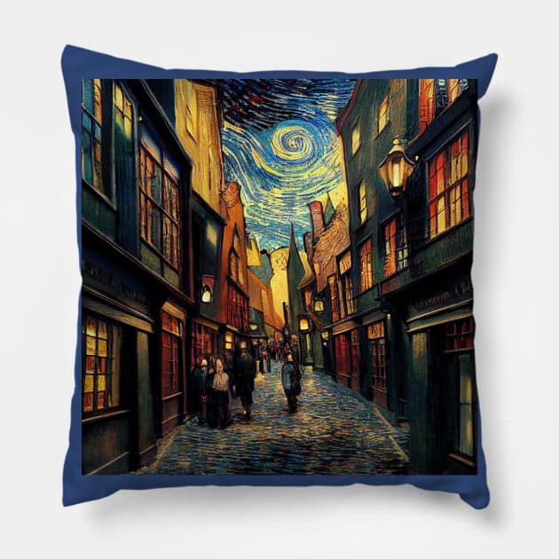 Starry Night in Diagon Alley Pillow by Grassroots Green