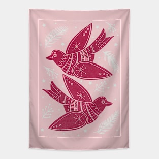 Pink Christmas Turtle Doves with holly and foliage Linoprint repeat pattern Tapestry