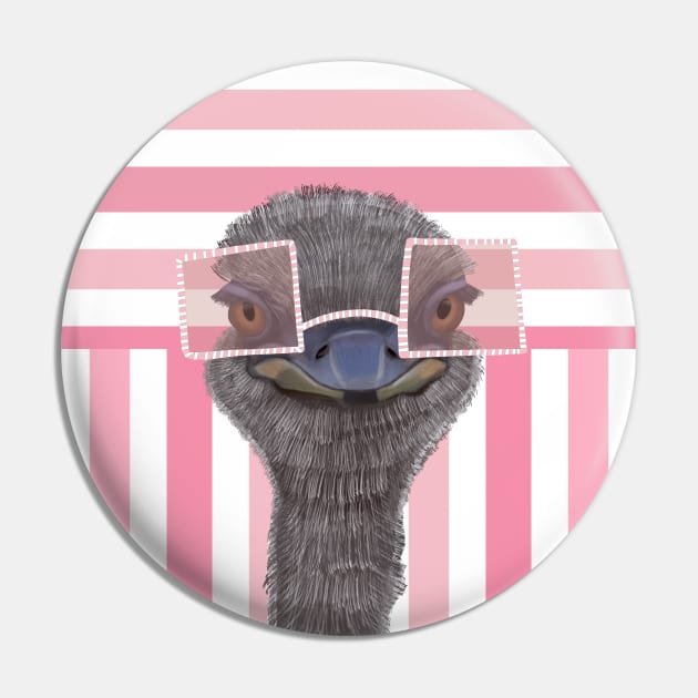 Funny Ostrich on Pink Stripes Pin by Suneldesigns