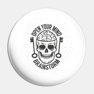 Retro print with a human brain in the skull and old keys Pin