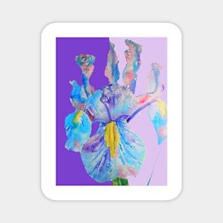 Iris Watercolor Painting - Blue with Raindrops - on Purple and Lilac Magnet