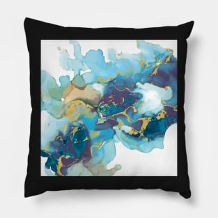 Blue and gold abstract alcohol ink art print Pillow