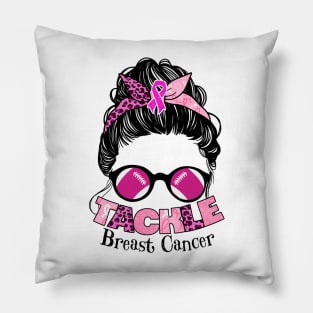 Football Pink Ribbon Breast Cancer Awareness Messy Bun Women Pillow