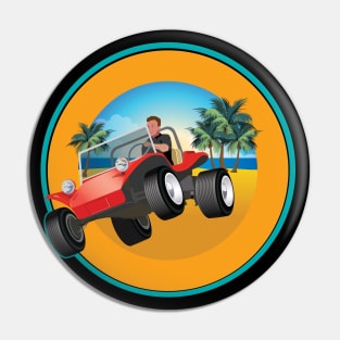 Red Dune Buggy Jumps over Dune with Palms & Beach Pin