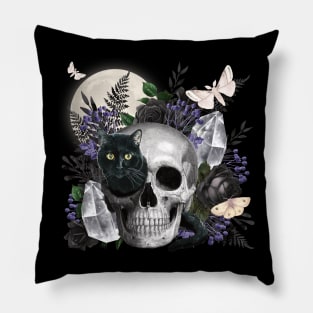 GOTHIC SKULL & BLACK CAT FULL MOON PEEK A BOO MAGIC Pillow