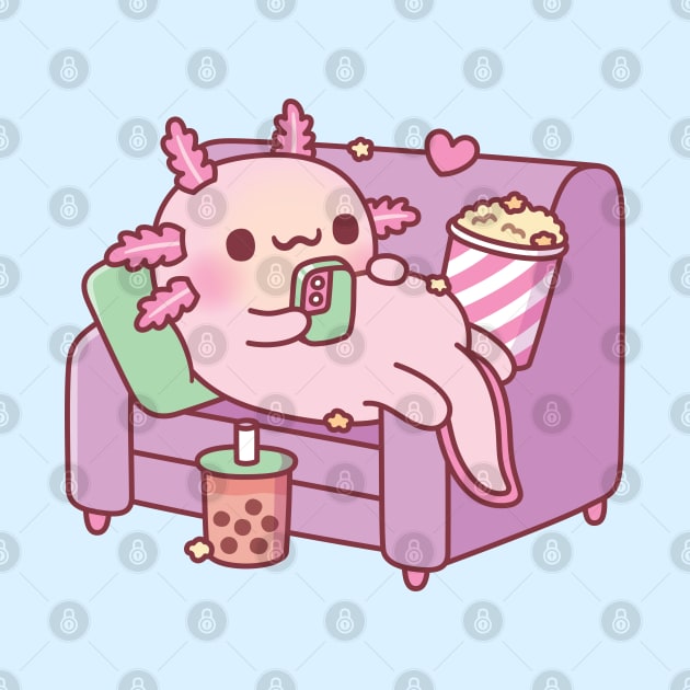 Cute Axolotl Chilling With Handphone Bubble Tea And Popcorn by rustydoodle