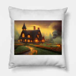 Cute Cosy Fantasy Cottage after the Rain Pillow