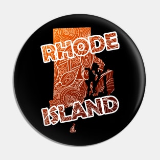 Colorful mandala art map of Rhode Island with text in brown and orange Pin