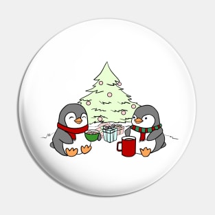 Christmas Penguins Enjoying Hot Cocoa with Christmas Tree Pin